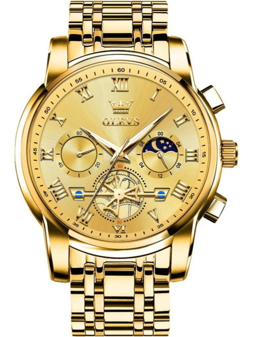 Men's Gold Band and Gold Face Stainless Steel Waterproof Big Face Wrist Watch